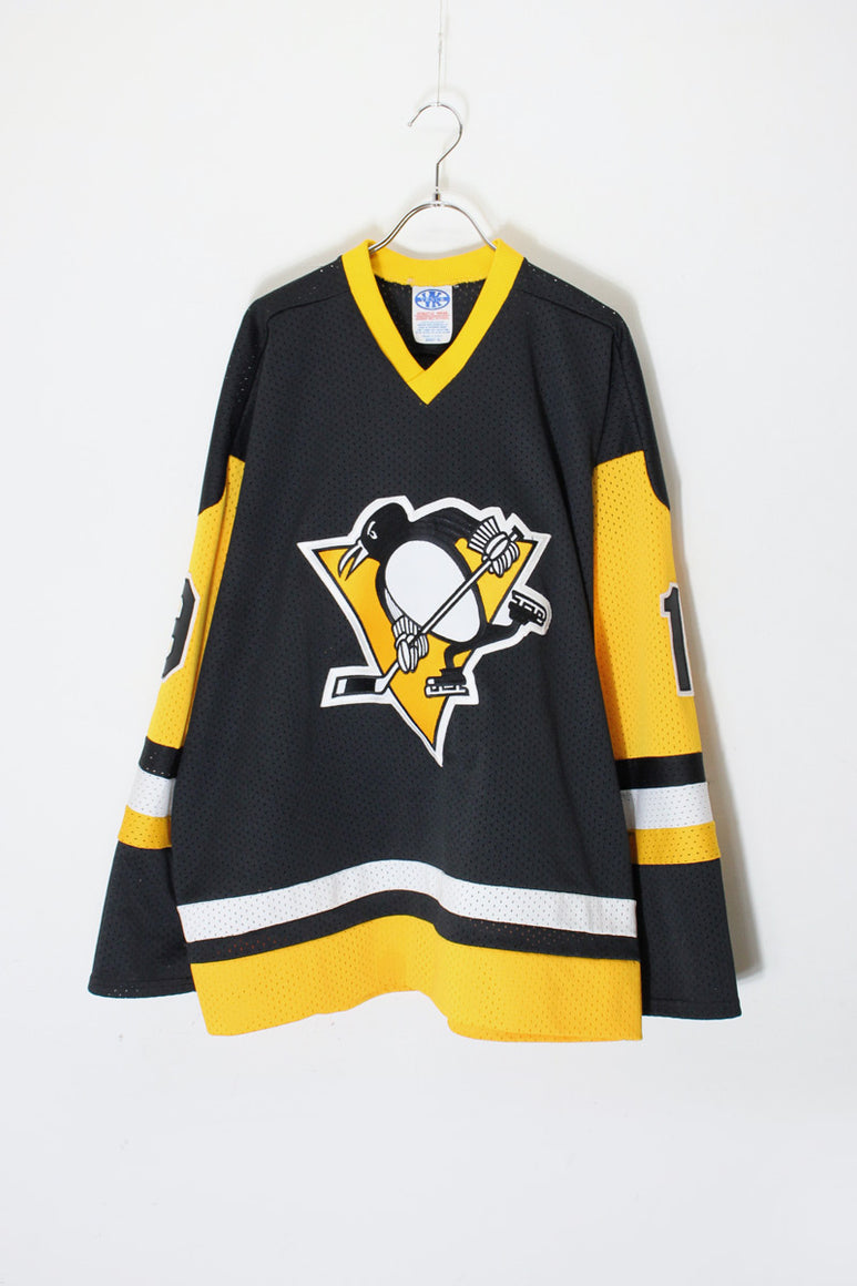 MADE IN USA 90'S PITTSBURGH PENGUINS 19 TROTTIER PULLOVER GAME SHIRT / BLACK/YELLOW [SIZE: XL USED]