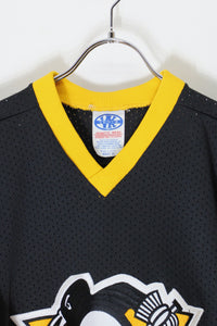 MADE IN USA 90'S PITTSBURGH PENGUINS 19 TROTTIER PULLOVER GAME SHIRT / BLACK/YELLOW [SIZE: XL USED]