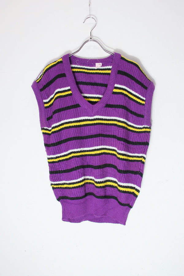 90'S MULTI BORDER ACRYLIC KNIT VEST / PURPLE/YELLOW/WHITE [SIZE: L USED]