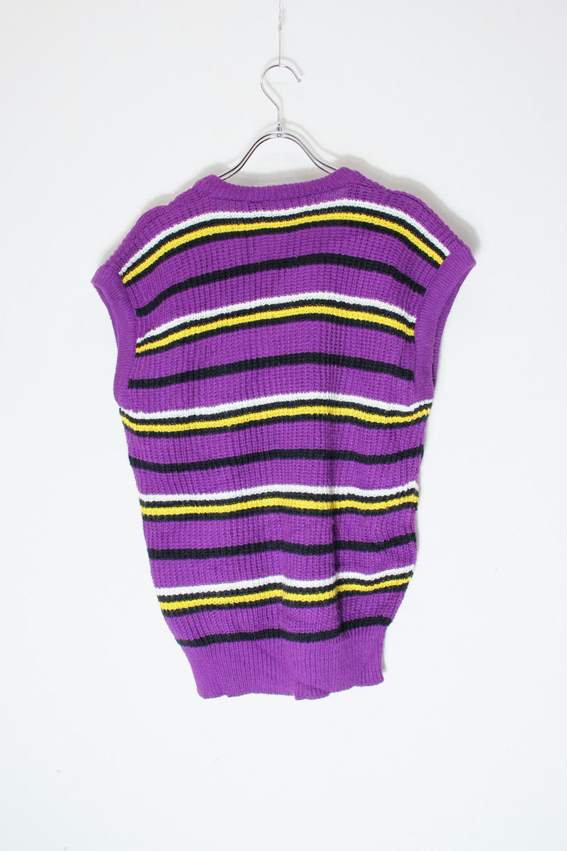 90'S MULTI BORDER ACRYLIC KNIT VEST / PURPLE/YELLOW/WHITE [SIZE: L USED]