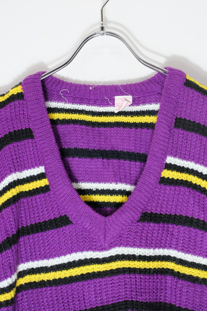 90'S MULTI BORDER ACRYLIC KNIT VEST / PURPLE/YELLOW/WHITE [SIZE: L USED]