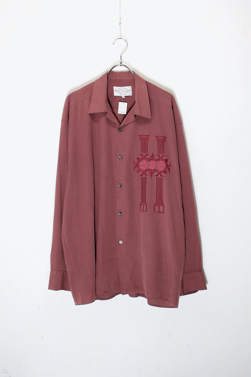MADE IN ENGLAND L/S OPEN COLLAR DESIGN EMBROIDERY SHIRT / BURGUNDY [SIZE: XL USED]