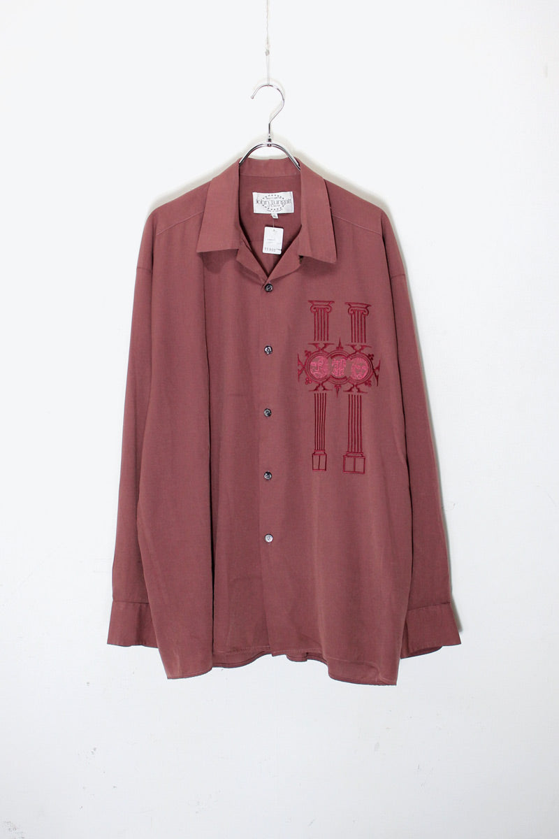 MADE IN ENGLAND L/S OPEN COLLAR DESIGN EMBROIDERY SHIRT / BURGANDY [SIZE: XL USED]