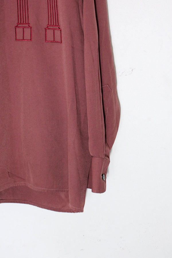 MADE IN ENGLAND L/S OPEN COLLAR DESIGN EMBROIDERY SHIRT / BURGUNDY [SIZE: XL USED]