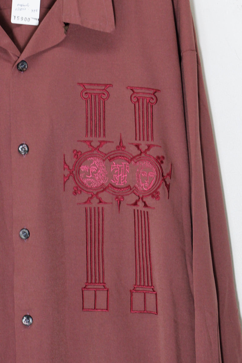 MADE IN ENGLAND L/S OPEN COLLAR DESIGN EMBROIDERY SHIRT / BURGUNDY [SIZE: XL USED]