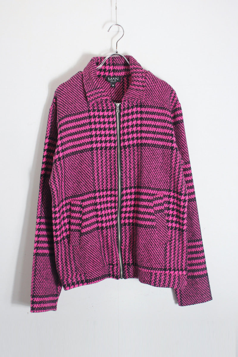 MADE IN ITALY GREN CHECK CRAZY PATTERN WOOL ZIP JACKET / NEON PINK/BLACK [SIZE: M DEADSTOCK/NOS]