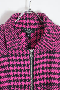 MADE IN ITALY GREN CHECK CRAZY PATTERN WOOL ZIP JACKET / NEON PINK/BLACK [SIZE: M DEADSTOCK/NOS]