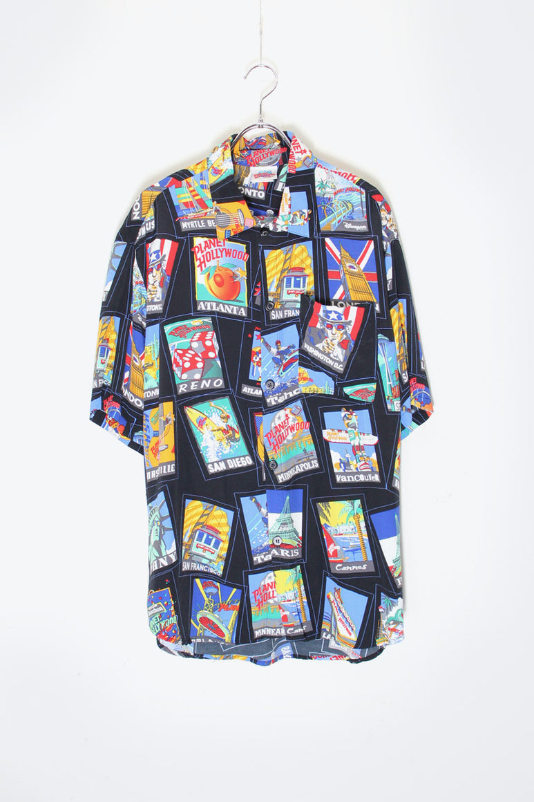 MADE IN USA 90'S S/S PATTERN RAYON SHIRT / BLACK/PATTERN [SIZE: S USED]