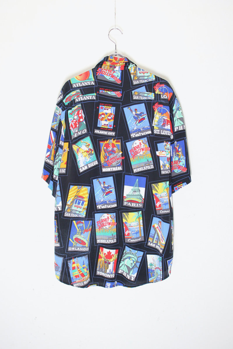 MADE IN USA 90'S S/S PATTERN RAYON SHIRT / BLACK/PATTERN [SIZE: S USED]