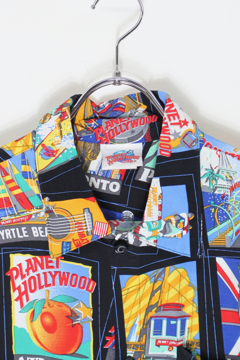 MADE IN USA 90'S S/S PATTERN RAYON SHIRT / BLACK/PATTERN [SIZE: S USED]