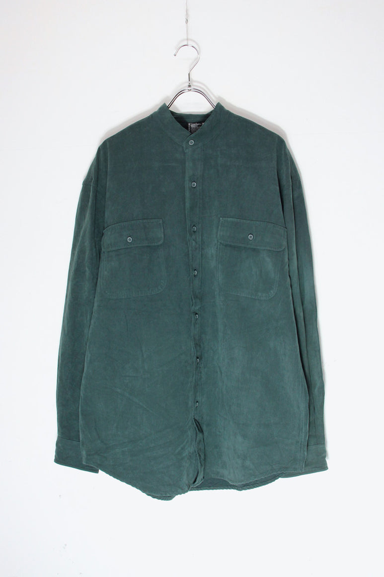 90'S VEGAN SUEDE BAND COLLAR SHIRT / DARK GREEN [SIZE: M USED]