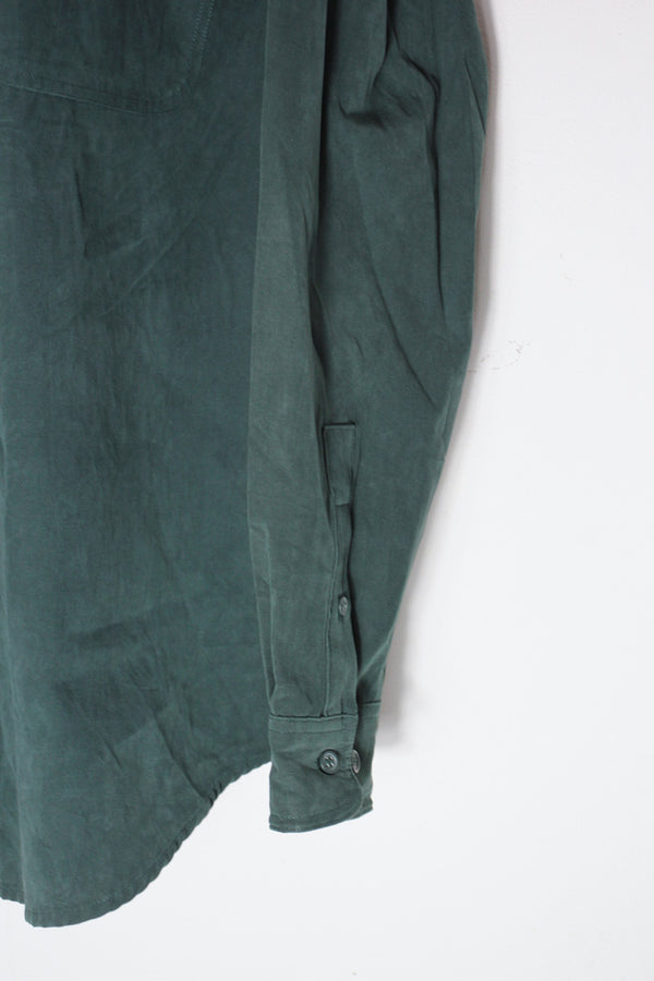 90'S VEGAN SUEDE BAND COLLAR SHIRT / DARK GREEN [SIZE: M USED]