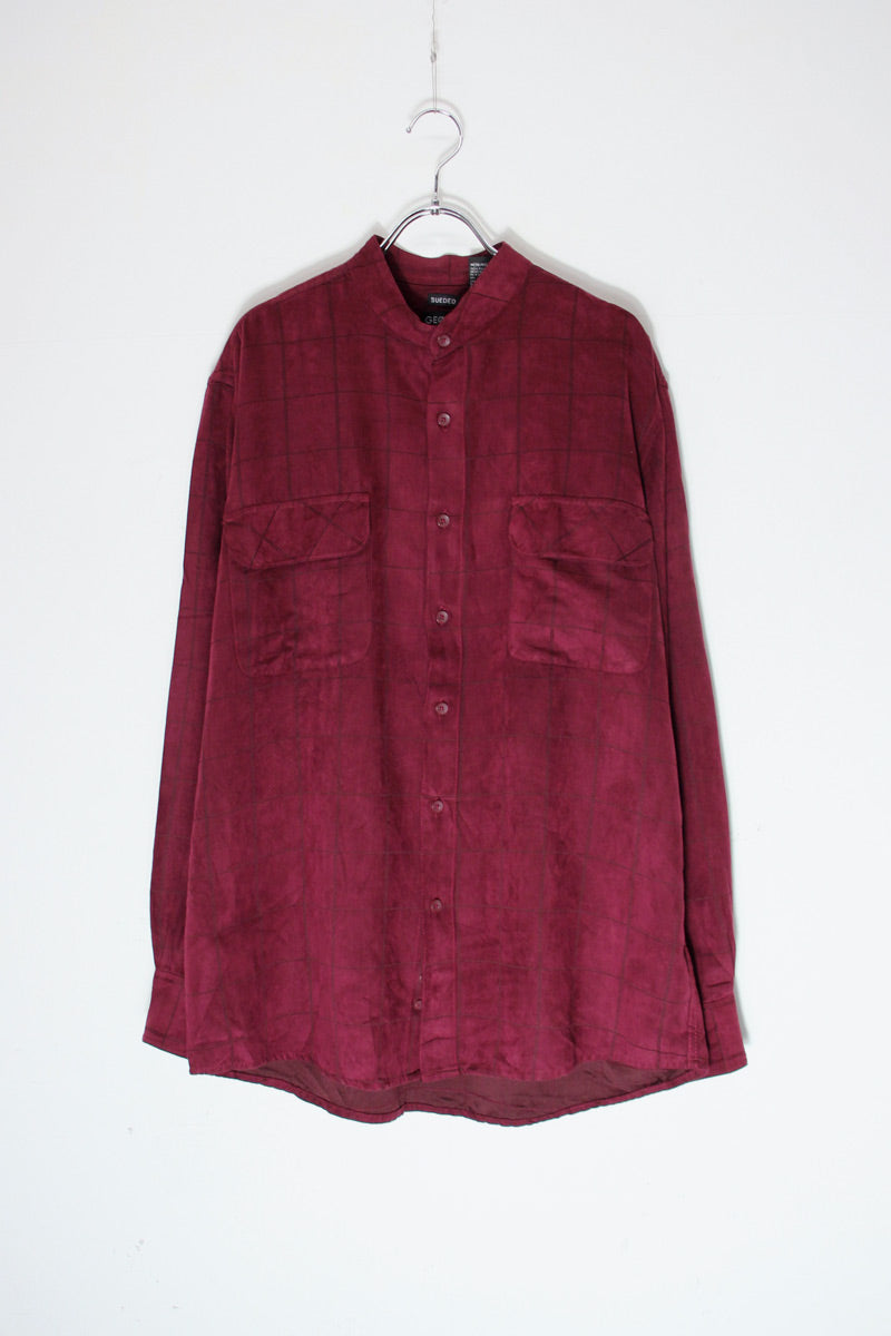 90'S BAND COLLAR VEGAN SUEDE CHECK SHIRT / BURGUNDY [SIZE: M USED]