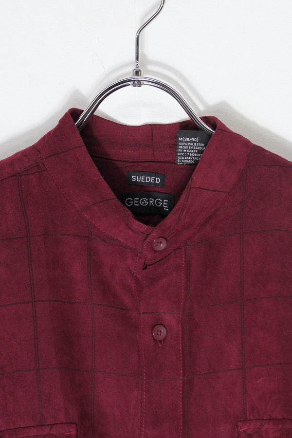 90'S BAND COLLAR VEGAN SUEDE CHECK SHIRT / BURGUNDY [SIZE: M USED]