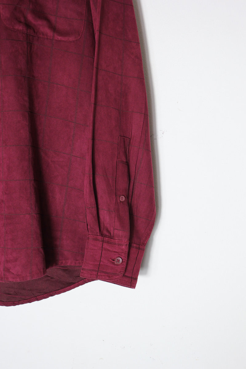 90'S BAND COLLAR VEGAN SUEDE CHECK SHIRT / BURGUNDY [SIZE: M USED]