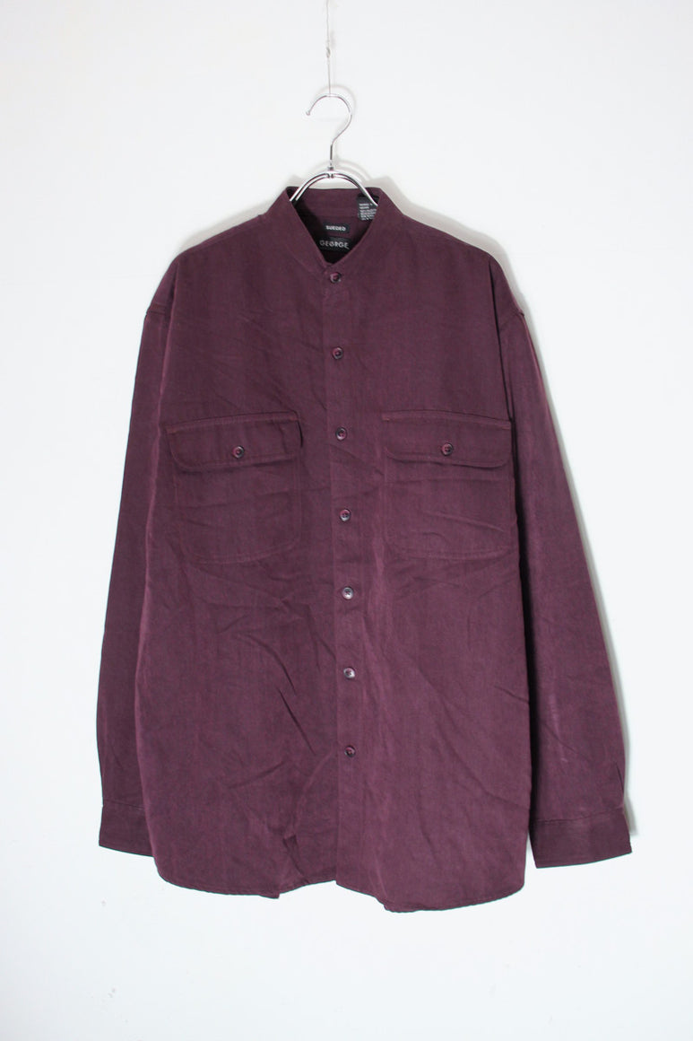 90'S VEGAN SUEDE BAND COLLAR SHIRT / BURGUNDY [SIZE: M USED]