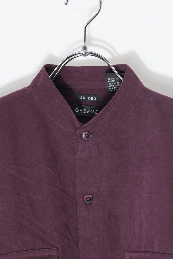 90'S VEGAN SUEDE BAND COLLAR SHIRT / BURGUNDY [SIZE: M USED]
