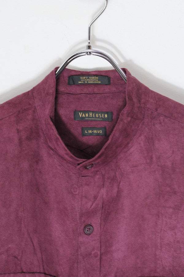 90'S VEGAN SUEDE BAND COLLAR SHIRT / BURGUNDY [SIZE: L USED]