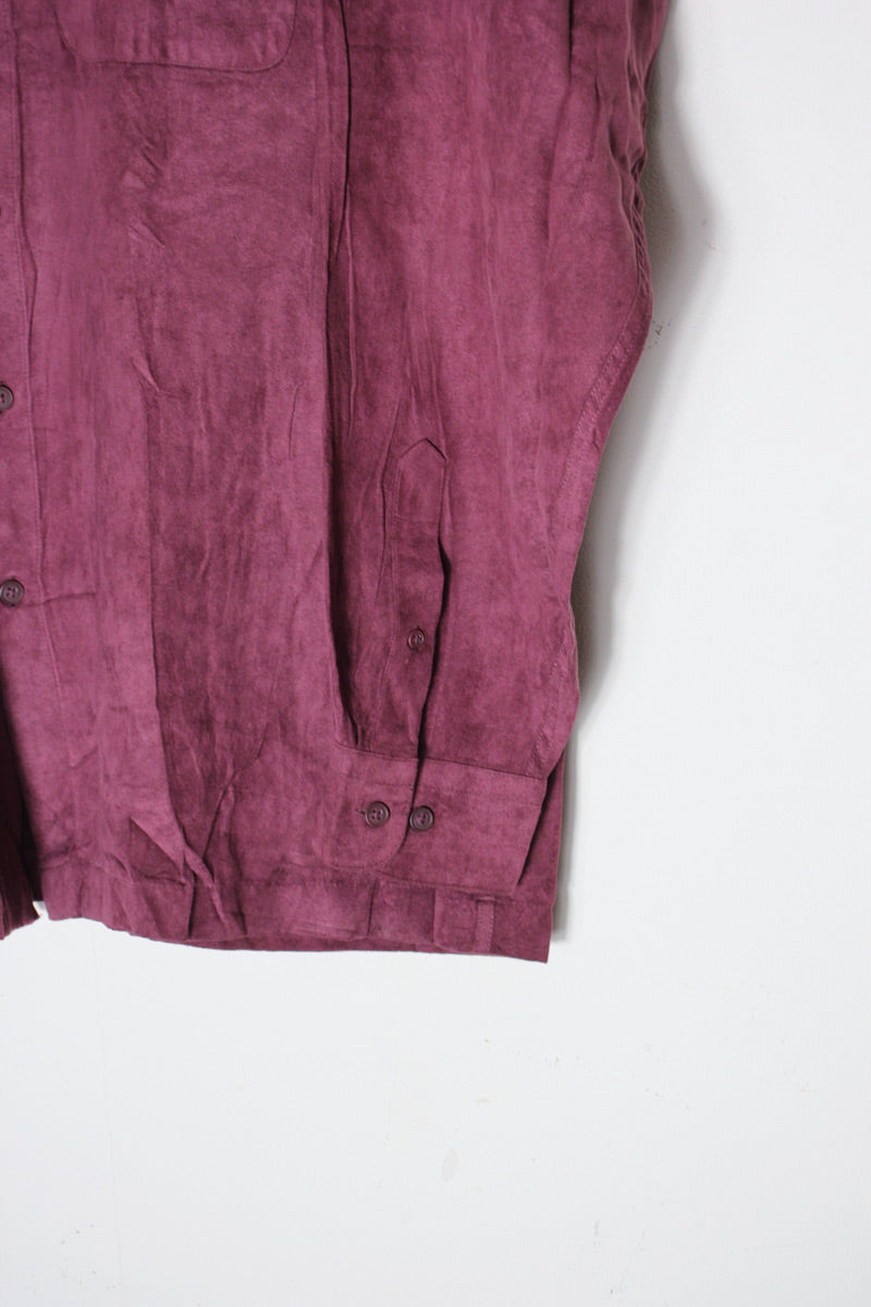 90'S VEGAN SUEDE BAND COLLAR SHIRT / BURGUNDY [SIZE: L USED]