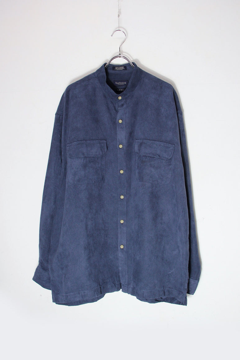 90'S BAND COLLAR VEGAN SUEDE SHIRT / NAVY [SIZE: L USED]