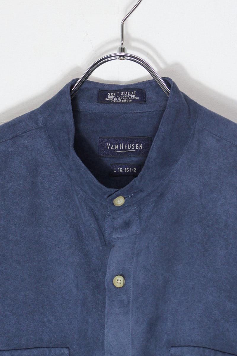 90'S BAND COLLAR VEGAN SUEDE SHIRT / NAVY [SIZE: L USED]
