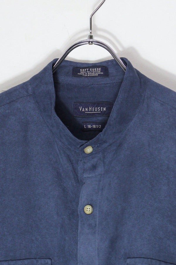 90'S BAND COLLAR VEGAN SUEDE SHIRT / NAVY [SIZE: L USED]
