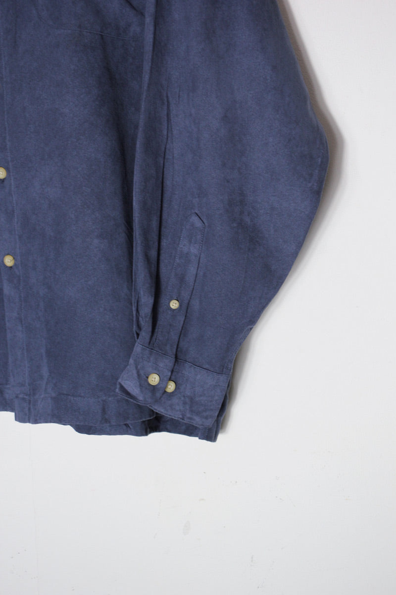 90'S BAND COLLAR VEGAN SUEDE SHIRT / NAVY [SIZE: L USED]