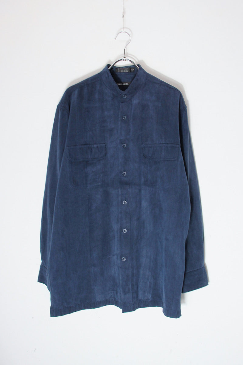 90'S BAND COLLAR HERRINGBONE VEGAN SUEDE SHIRT / NAVY [SIZE: M USED]