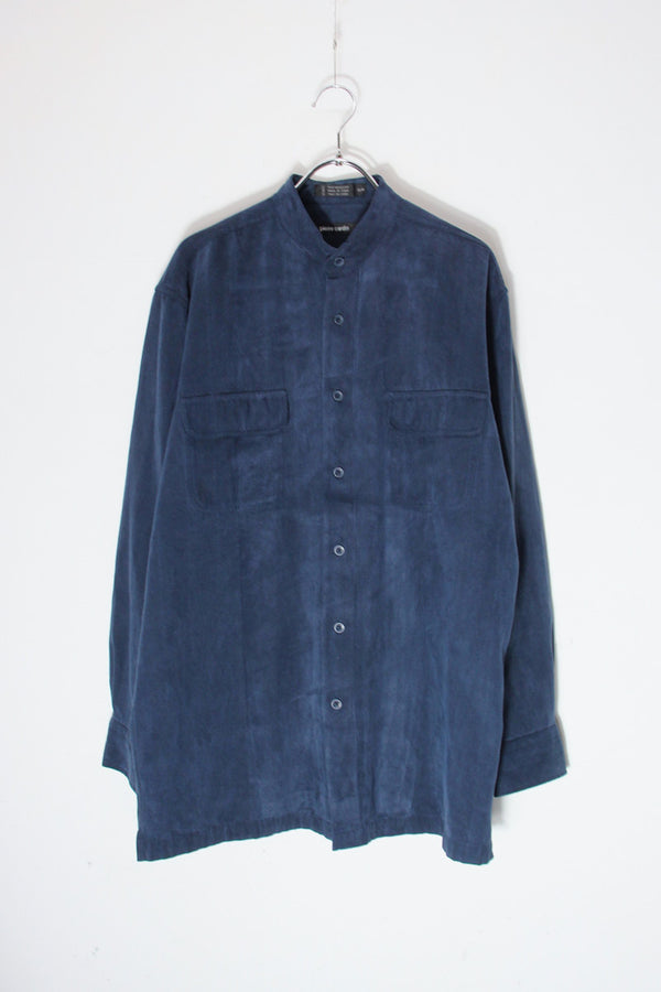 90'S BAND COLLAR HERRINGBONE VEGAN SUEDE SHIRT / NAVY [SIZE: M USED]