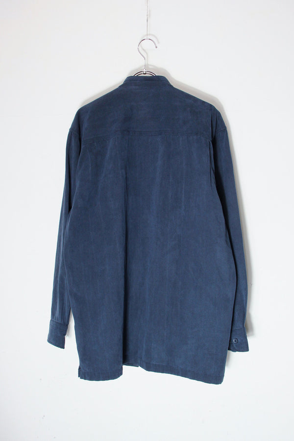 90'S BAND COLLAR HERRINGBONE VEGAN SUEDE SHIRT / NAVY [SIZE: M USED]