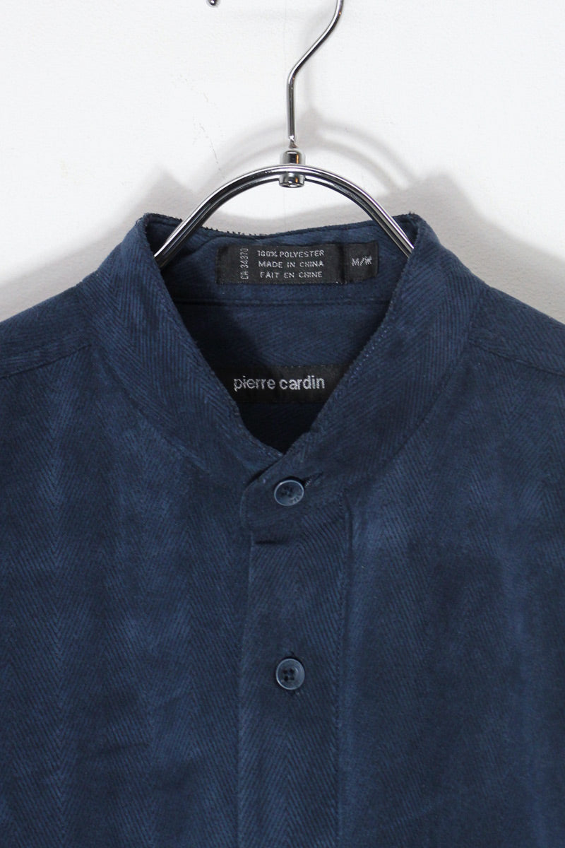 90'S BAND COLLAR HERRINGBONE VEGAN SUEDE SHIRT / NAVY [SIZE: M USED]