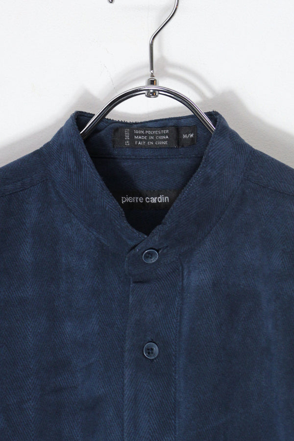 90'S BAND COLLAR HERRINGBONE VEGAN SUEDE SHIRT / NAVY [SIZE: M USED]