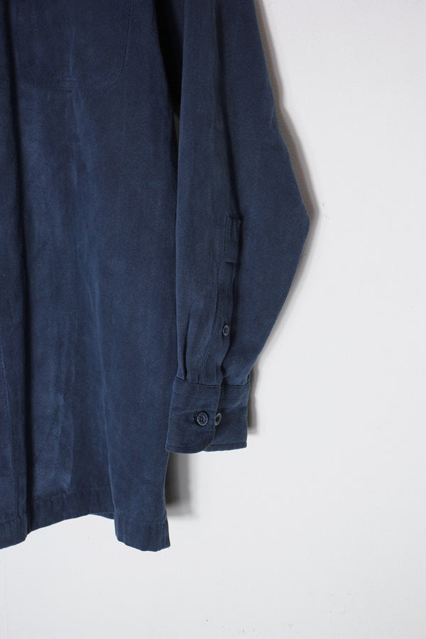 90'S BAND COLLAR HERRINGBONE VEGAN SUEDE SHIRT / NAVY [SIZE: M USED]