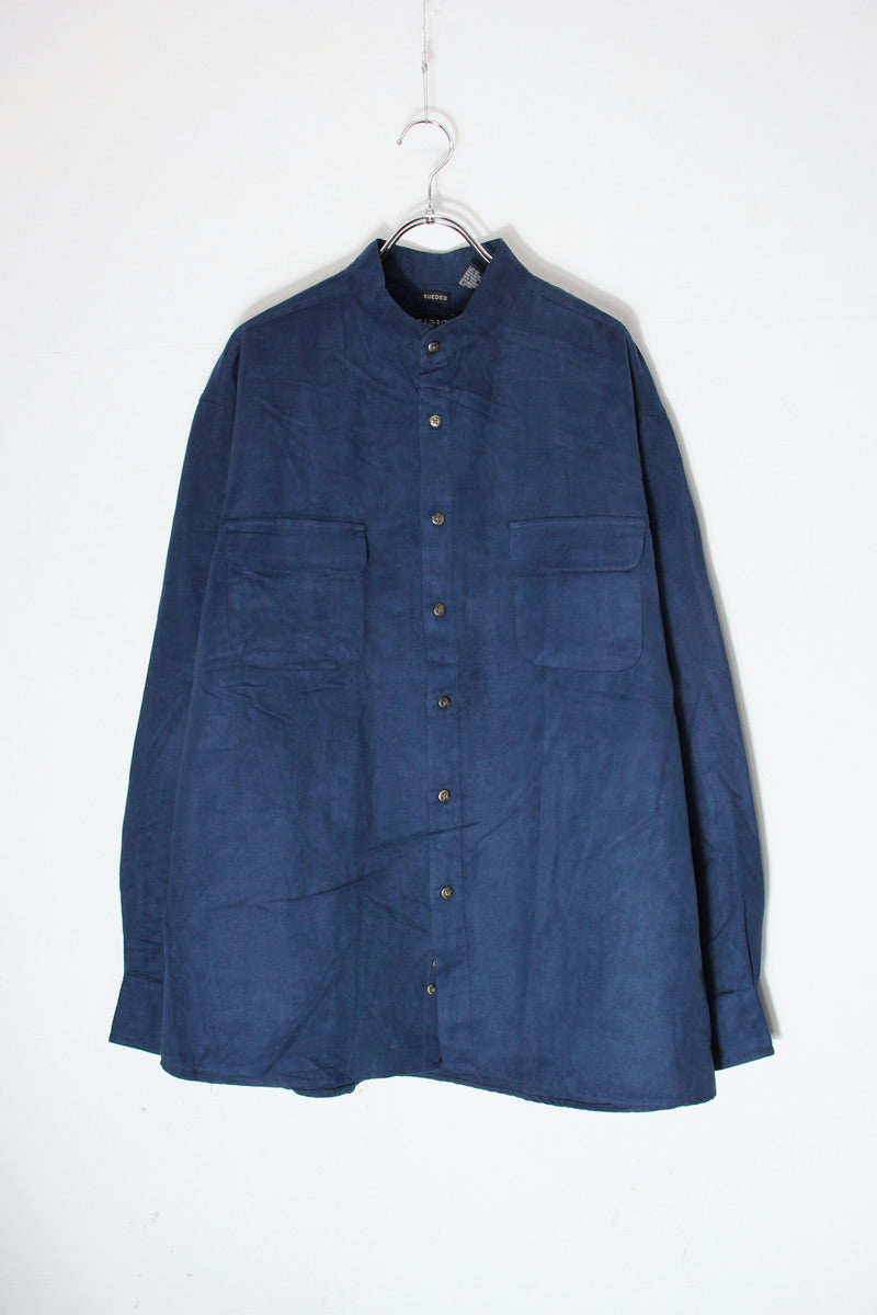 90'S VEGAN SUEDE BAND COLLAR SHIRT / NAVY [SIZE: L USED]