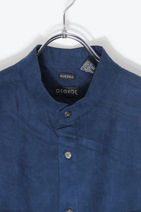 90'S VEGAN SUEDE BAND COLLAR SHIRT / NAVY [SIZE: L USED]