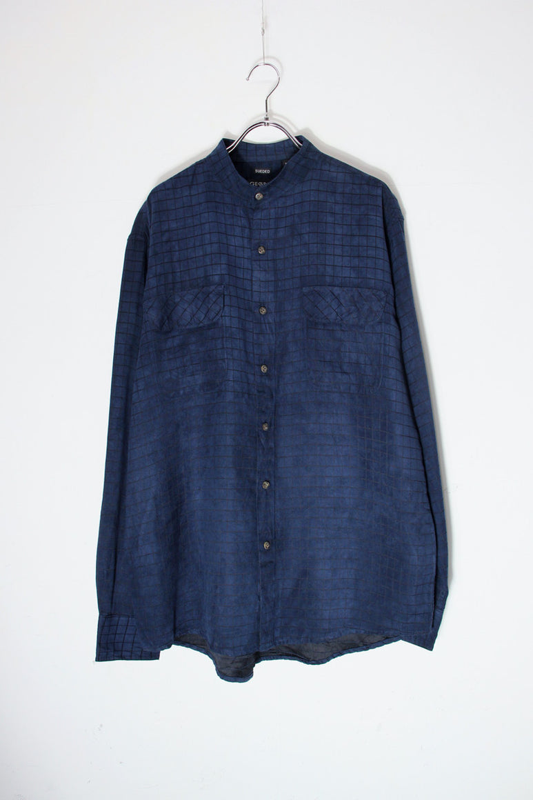 90'S BAND COLLAR VEGAN SUEDE CHECK SHIRT / NAVY [SIZE: M USED]