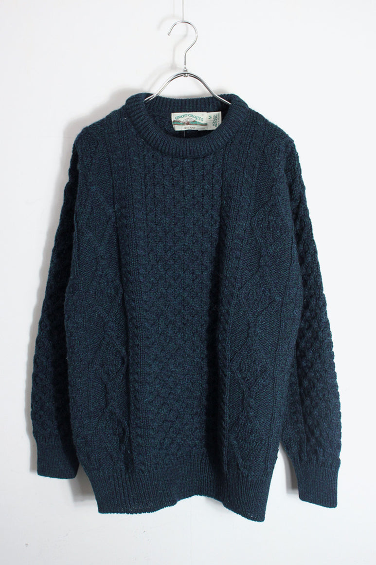 MADE IN IRELAND 90'S WOOL MELANGE ARAN KNIT SWEATER / DARK GREEN MELANGE [SIZE: M DEADSTOCK/NOS]