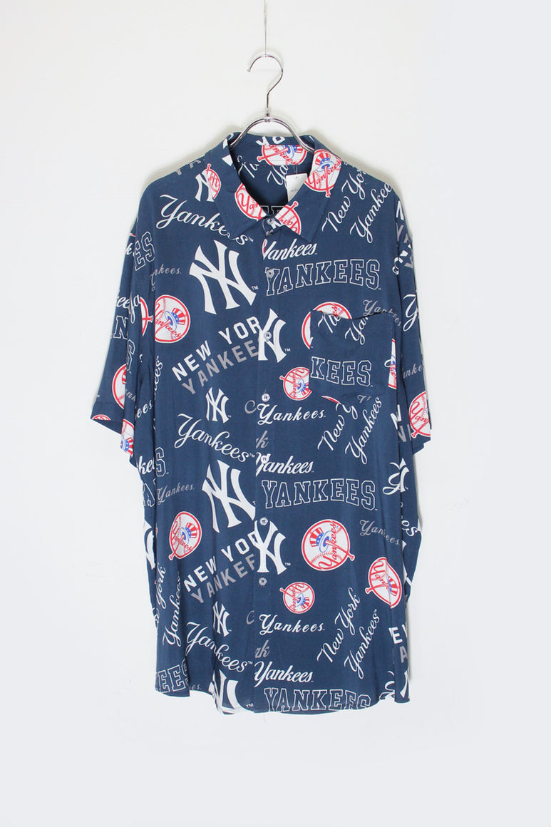 S/S NY YANKEES REYON SHIRT / NAVY [SIZE: L相当 USED]