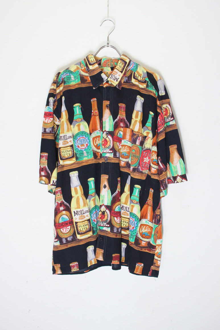 90'S S/S BEER PATTERN SHIRT / BLACK [SIZE: XL USED]