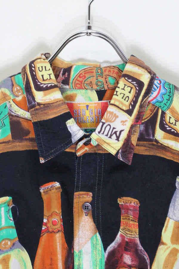 90'S S/S BEER PATTERN SHIRT / BLACK [SIZE: XL USED]
