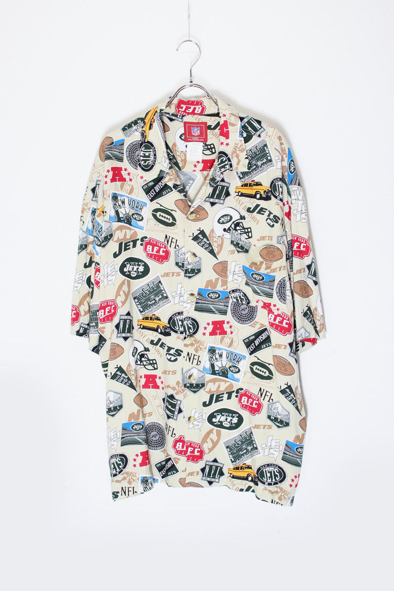 90'S S/S NFL NEW YORK JETS RAYON SHIRT / BEIGE [SIZE: XL USED]