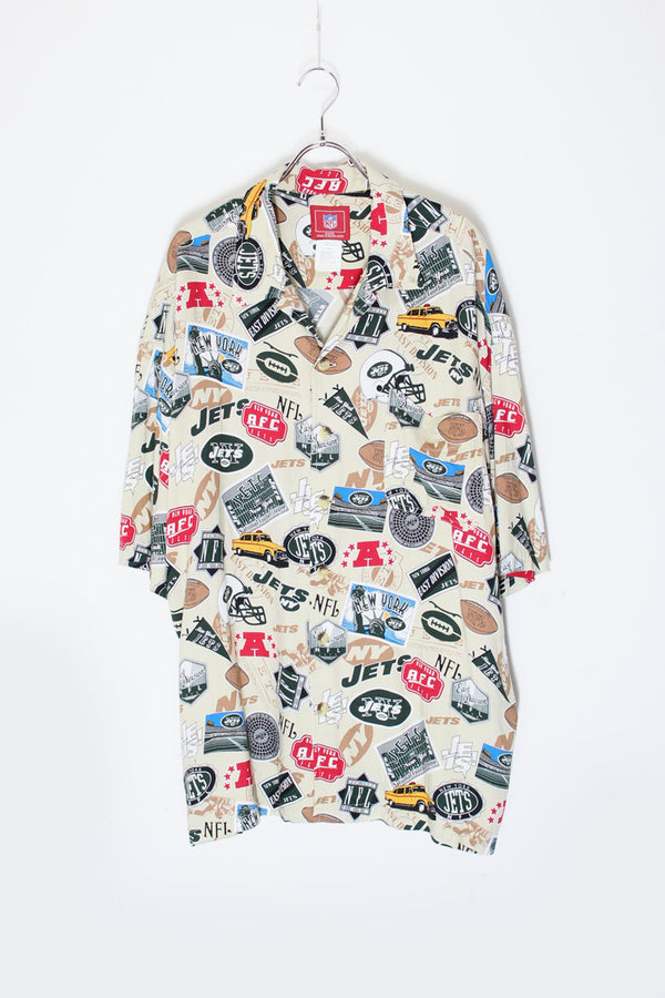 90'S S/S NFL NEW YORK JETS RAYON SHIRT / BEIGE [SIZE: XL USED]