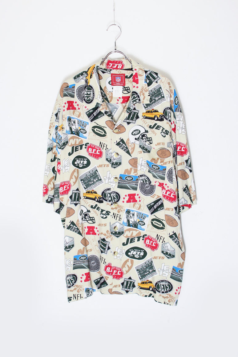 90'S S/S NFL NEW YORK JETS RAYON SHIRT / BEIGE [SIZE: XL USED]
