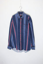 画像をギャラリービューアに読み込む, 90&#39;S L/S COTTON TWILL BD STRIPE SHIRT / NAVY/RED [SIZE: XL USED]
