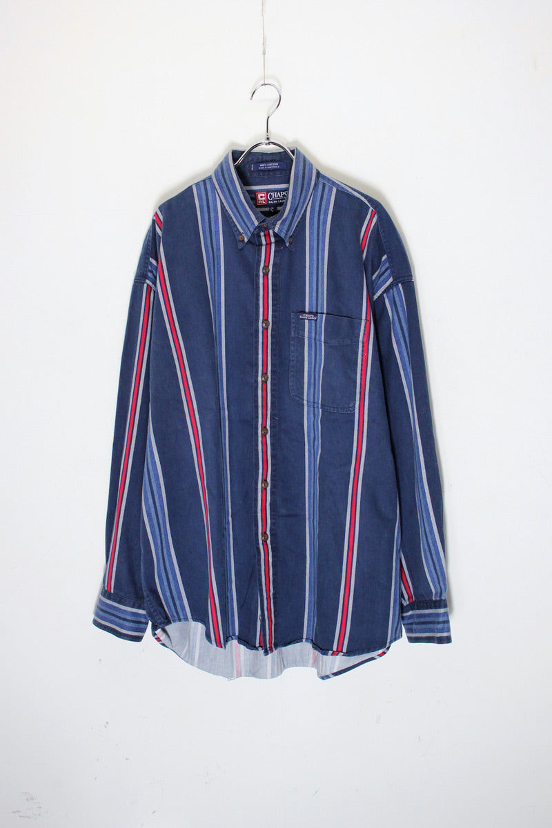 90'S L/S COTTON TWILL BD STRIPE SHIRT / NAVY/RED [SIZE: XL USED]