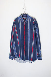 90'S L/S COTTON TWILL BD STRIPE SHIRT / NAVY/RED [SIZE: XL USED]