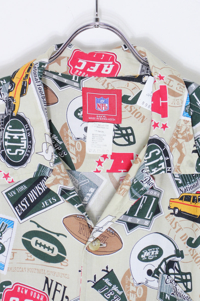 90'S S/S NFL NEW YORK JETS RAYON SHIRT / BEIGE [SIZE: XL USED]