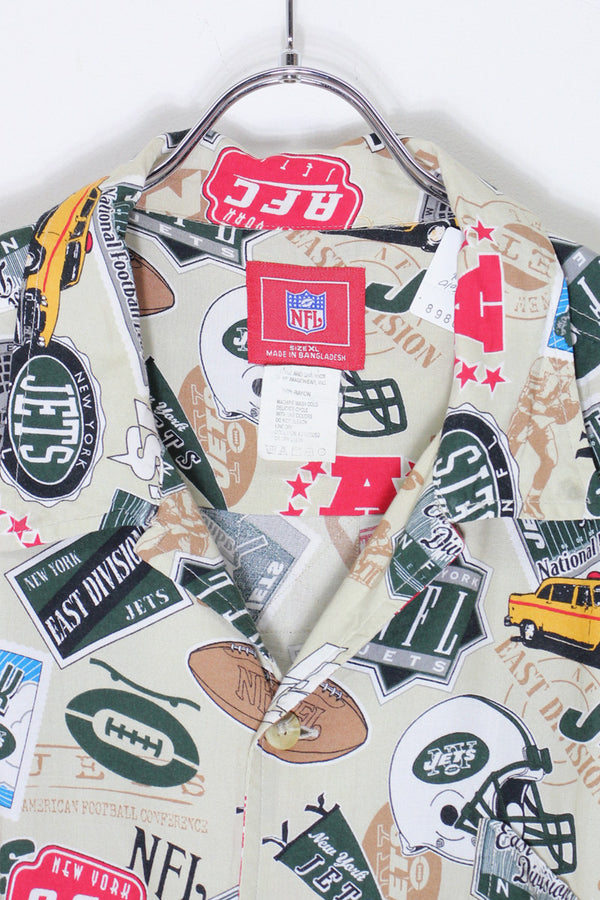 90'S S/S NFL NEW YORK JETS RAYON SHIRT / BEIGE [SIZE: XL USED]
