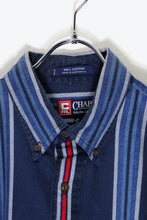 画像をギャラリービューアに読み込む, 90&#39;S L/S COTTON TWILL BD STRIPE SHIRT / NAVY/RED [SIZE: XL USED]
