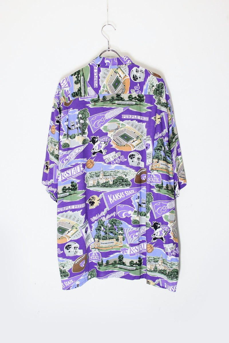 90'S S/S KANSAS STATE UNIVERSITY PATTEN RAYON SHIRT / PURPLE [SIZE: L USED]